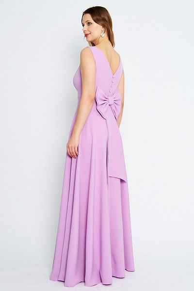 Bidoluelbise Women's Back Bow Ornamental Buttoned V-Neck Maxi Flared Lilac Evening Dress