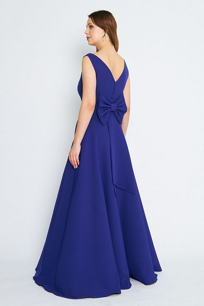 Bidoluelbise Women's Back Bow Ornamental Buttoned V-Neck Maxi Flared Sax Blue Evening Dress