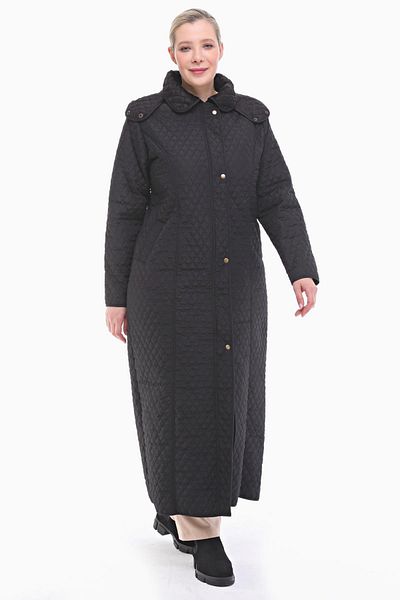 VETRE Women's Large Size Hooded 142 Cm Black Quilted Coat 1022