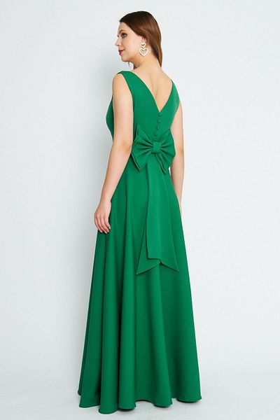 Bidoluelbise Women's Back Bow Ornamental Buttoned V-Neck Maxi Flared Grass Green Evening Dress