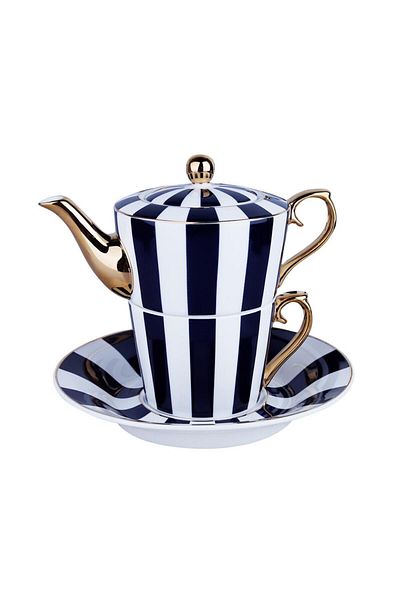 Lucky Art Odilia Single Porcelain Set - Navy Blue White Striped, Teapot and Cup