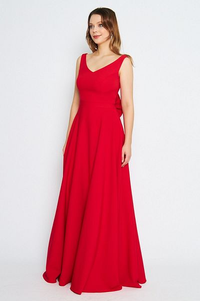 Bidoluelbise Women's Back Bow Ornamental Buttoned V-Neck Maxi Flared Red Evening Dress