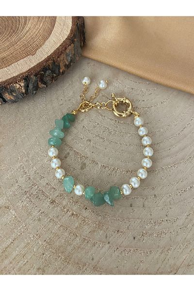 Trend Jewellery Natural Stone Green Aventurine Stone & Glass Pearl Women's Bracelet Valentine's Mother's Day Gift