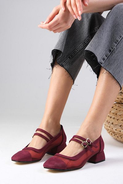 Mio Gusto Burgundy Color Suede Blunt Toe Mesh Detailed Women's Short Heeled Shoes