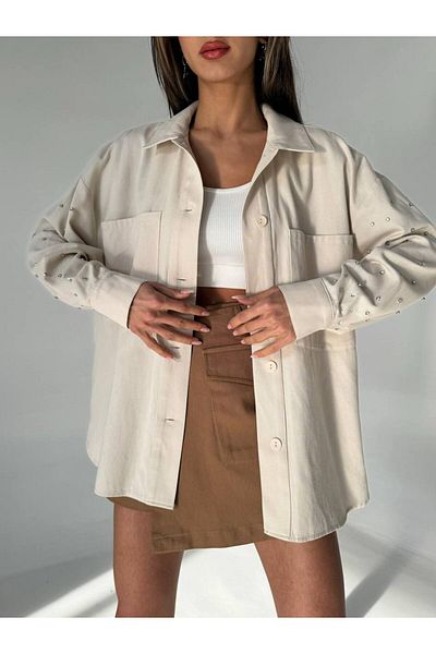 Laluvia Steinfarbenes Gabardine-Hemd aus 100 % Baumwolle mit Ärmeln und Steindetails