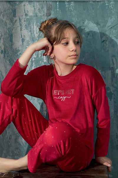 cotonhause Girl's Long Sleeve Velvet Red Pajamas Set C1T3N3O52-26