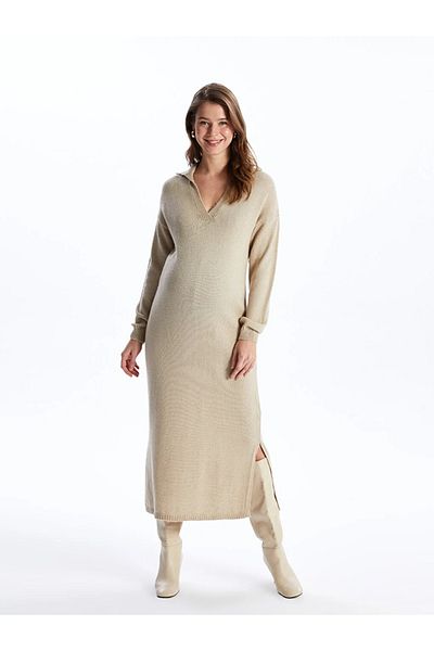 LC Waikiki LCWAIKIKI Umstands-Strickkleid mit Polokragen, einfarbig, langärmelig