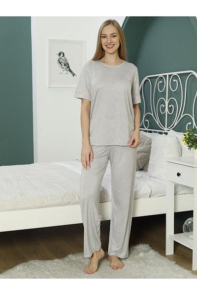 CLQTH Bamboo Soft Short Sleeve Heart Embroidered Pajamas Set
