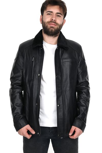 EGE DERİ 100% Genuine Lambskin Removable Men's Black Coat with Fur Inside