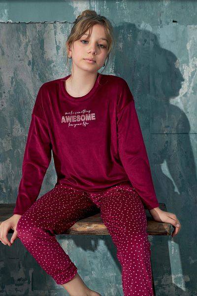 cotonhause Costum de pijama pentru fetiță, cu mânecă lungă, din catifea, roșu Claret C1T3N3O53-16
