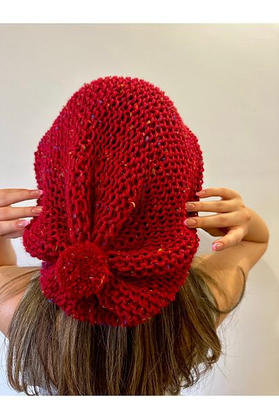 alsaccessories Women's Red Color Pompom Detailed Hand Knitted Hair Cap, Hat, Hair Accessory