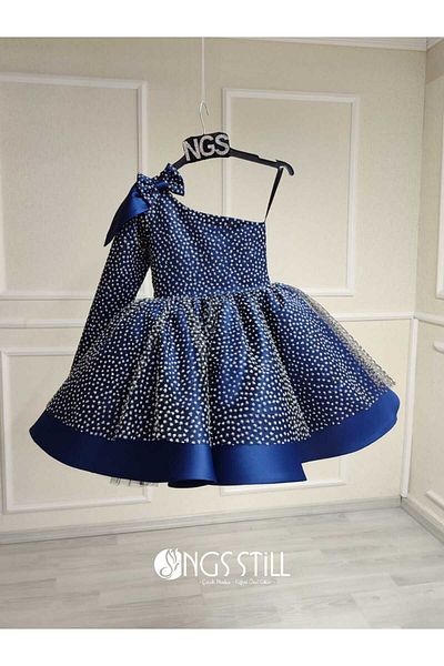 NGS STİL Navy Blue One Shoulder Glitter Tulle Covered Gray Dress