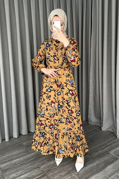 ModaAycan Patterned Viscose Mustard Dress - Half Buttoned, MA105