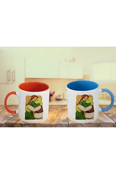 GünayStore طقم كوب مطبوع عليه شخصية SHREK & FİONA مع مقبض داخلي ملون