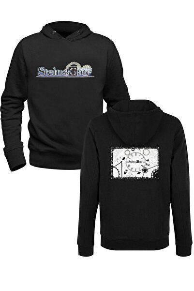 Alfa Tshirt سترة Steins;gate مطبوعة باللون الأسود من الأمام والخلف