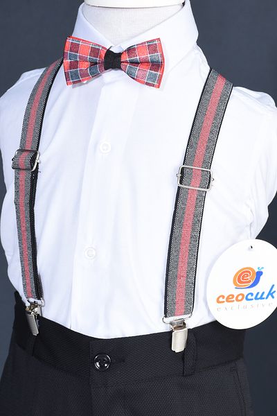 ceocuk Set 3 piese cu papion roșu în carouri și cămașă albă cu mânecă lungă