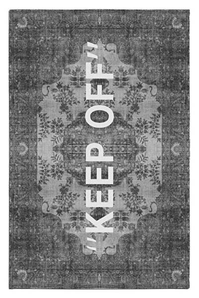 Rugs Modern Halı Berlin 2120 Keep Off Written Vintage Black Gray Woven Base C...
