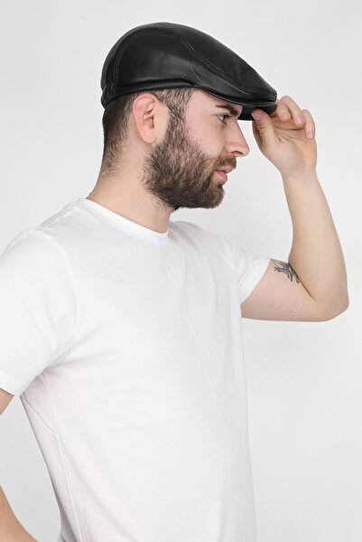 EGE DERİ %100 Hakiki Kuzu Derisi İçi Kürklü Siyah Erkek Kasket