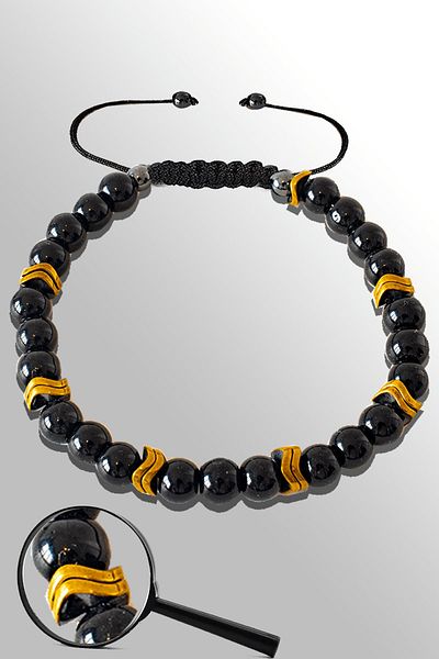 Tesbih Atölyesi Certified Gold Sergeant Black Obsidian Stone Bracelet with Hematite - Adjustable