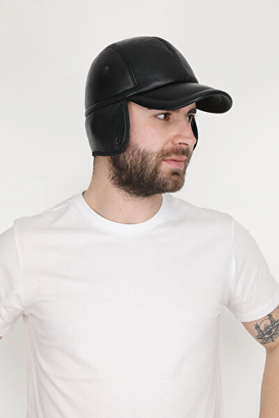 EGE DERİ قبعة طيار للرجال باللون الأسود بنسبة 100% من جلد الخراف الأصلي مع فر...