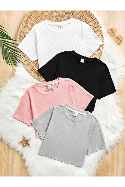 ÖZ PAMUK Γυναικείο T-SHIRT 4 τεμαχίων μαύρο με ραβδώσεις με λαιμόκοψη