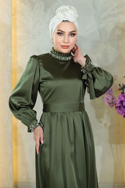Modamihram Pearl Satin Evening Dress Khaki 19121