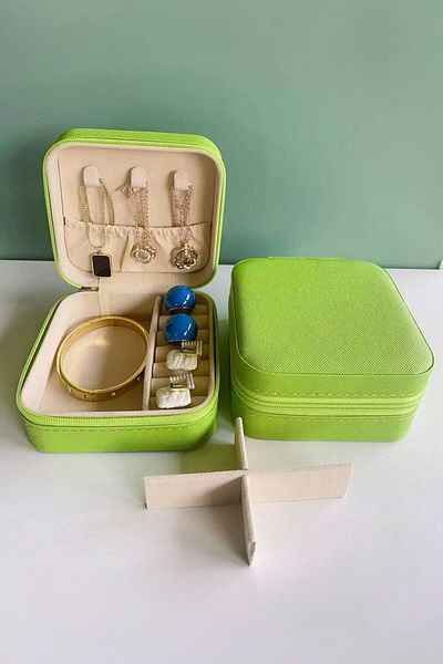 Chavin Green Leather Travel Ring Earrings Necklace Jewelry Box