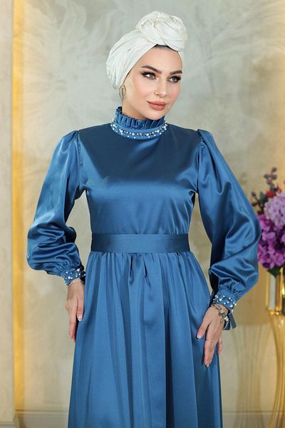 Modamihram Abendkleid aus Perlensatin Indigo 19121