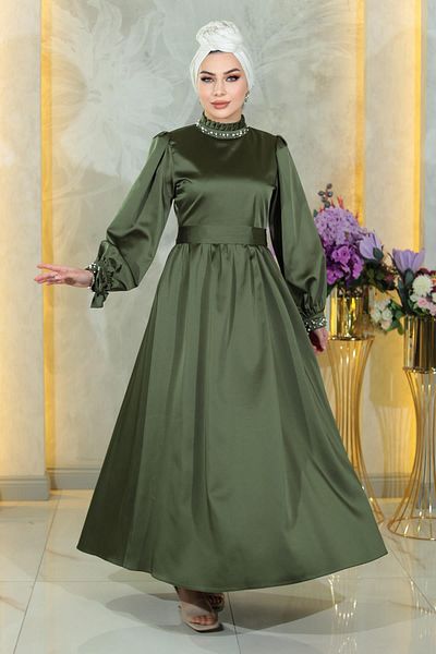 Modamihram Pearl Satin Evening Dress Khaki 19121
