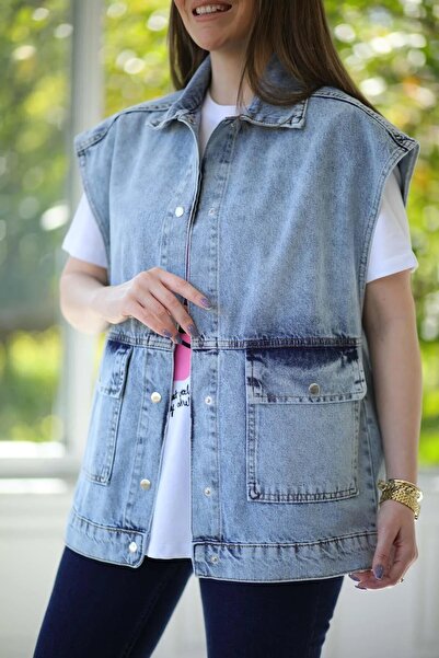 HARMONY GLOBAL HABITĂ DĂMEI Buzunar cu apăsare cu guler de cămașă Vestă din denim 11077