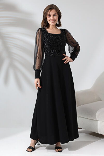 Fasmia فستان أسود لامع برقبة دائرية وطويل F140