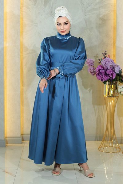 Modamihram Abendkleid aus Perlensatin Indigo 19121