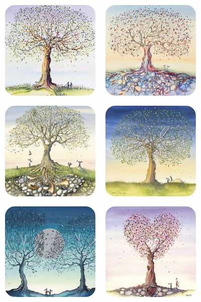 Hayat Poster autumn trees leaves and nature aesthetic kitchen decor 6-piece wooden coaster set