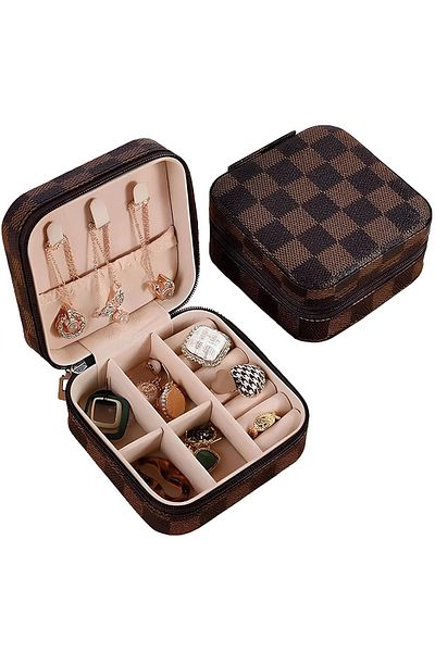 Chavin Brown Checkerboard Pattern Leather Travel Ring Earrings Necklace Jewelry Box st1-66khv