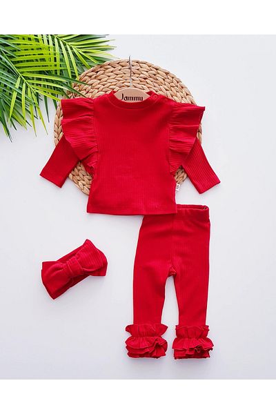 Jammybaby 3-Piece Baby Girls Set - Ruffled Blouse, Double Bow Bandana, Leggings and Camisole 100% Cotton Newborn