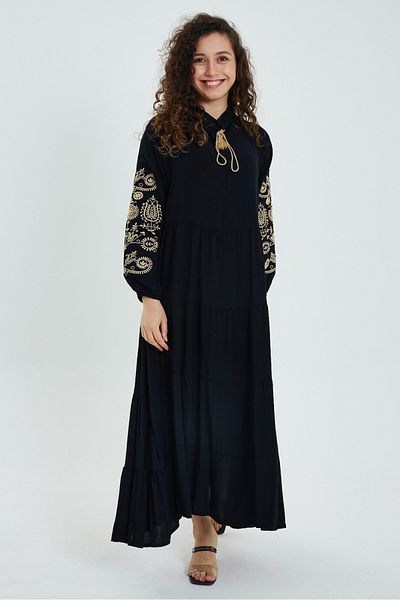 AYASOFYA OTANTIK Women's Black Sleeves Embroidery Detailed Long Sleeve Ethnic Authentic Long Dress