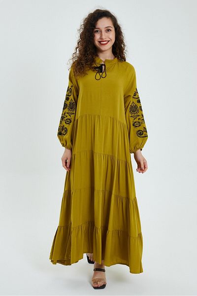 AYASOFYA OTANTIK Women's Mustard Sleeves Embroidery Detailed Long Sleeve Ethnic Authentic Long Dress