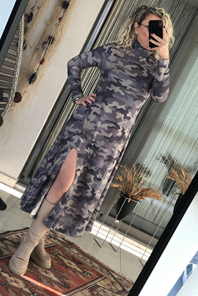 Dila Butik Yırtmaç Detaylı Balıkçı Kamuflaj Elbise