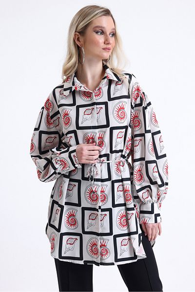MD trend Women's Ethnic Patterned Balloon Sleeve Belted Oversize Satin Tunic