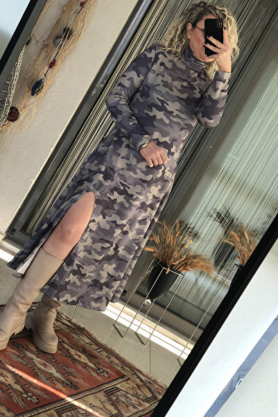 Dila Butik Yırtmaç Detaylı Balıkçı Kamuflaj Elbise