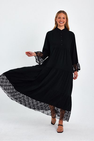 AYASOFYA OTANTIK Rochie lungă de damă neagră cu guler cu nasturi și detaliu din dantelă