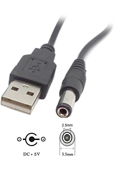 aogo Usb Dc 5.5x2.5mm Güç Kablosu 5V DC Güç Kablosu, USB 2.0 Erkek - DC 5.5mm x 2.5mm Erkek Güç Kablosu