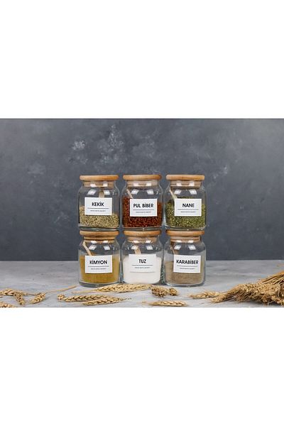 Karçiçeği Home 6-Piece Vacuum Lid with Spoon 300 ml Glass Jar Food Container with Spice Jar Label Gift