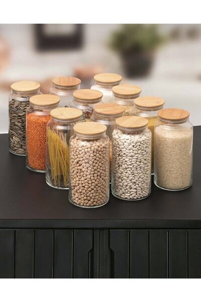 Lizzy 12'li Vakum Kapaklı Cam Kavanoz Erzak Kabı 1400 ml 111 Adet Etiket Hediyelii