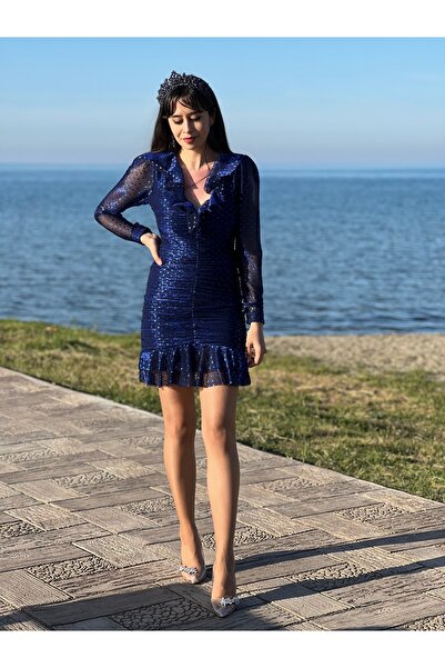 stargate Lacivert Puantiyeli Drapeli Volanlı Mini Elbise