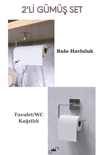 ALSİ HOME Yapışkanlı Gümüş Rulo Havluluk Wc Tuvalet Kağıtlık Banyo Mutfak 2'l...
