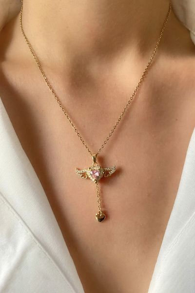 The Collection Moving Winged Heart Necklace Tarnish Stainless Gold Steel Women's Necklace