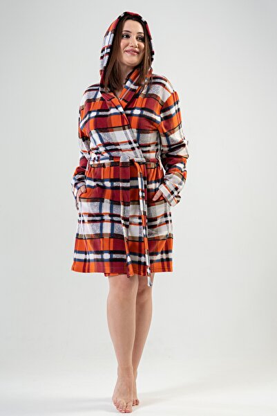 VİENETTA Women's Fleece Plus Size Hooded Short Dressing Gown