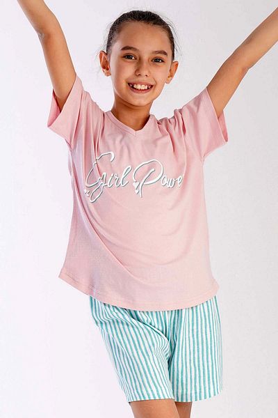 VİENETTA Cotton Girl's V-neck Low Shoulder Short Sleeve Shorts Pajamas Set
,212452