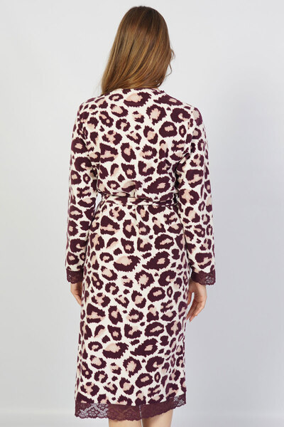 VİENETTA Women's Brown Fleece Long Sleeve Lace Dressing Gown